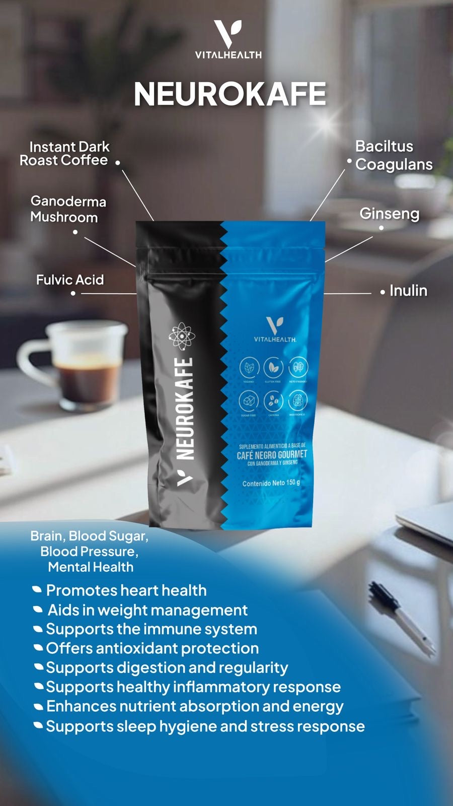 V-NEUROKAFE™ Nootropic Coffee for Mental Clarity, Energy; Digestive Wellness